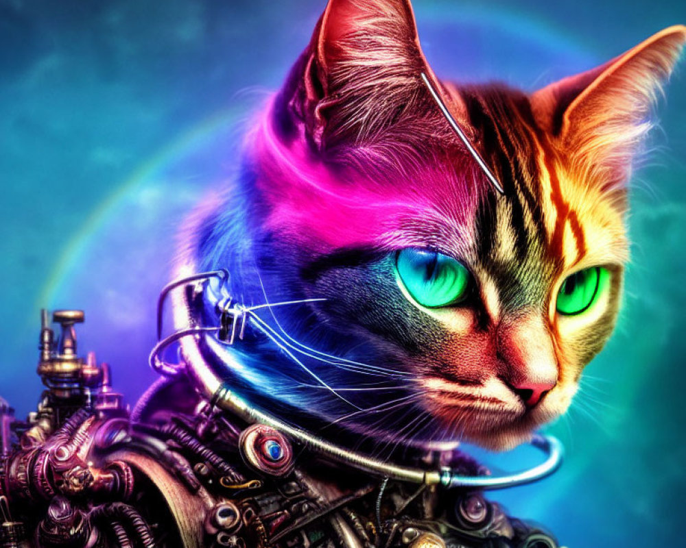 Colorful surreal image: Mechanical-bodied cat with feline head, green eyes, rainbow backdrop