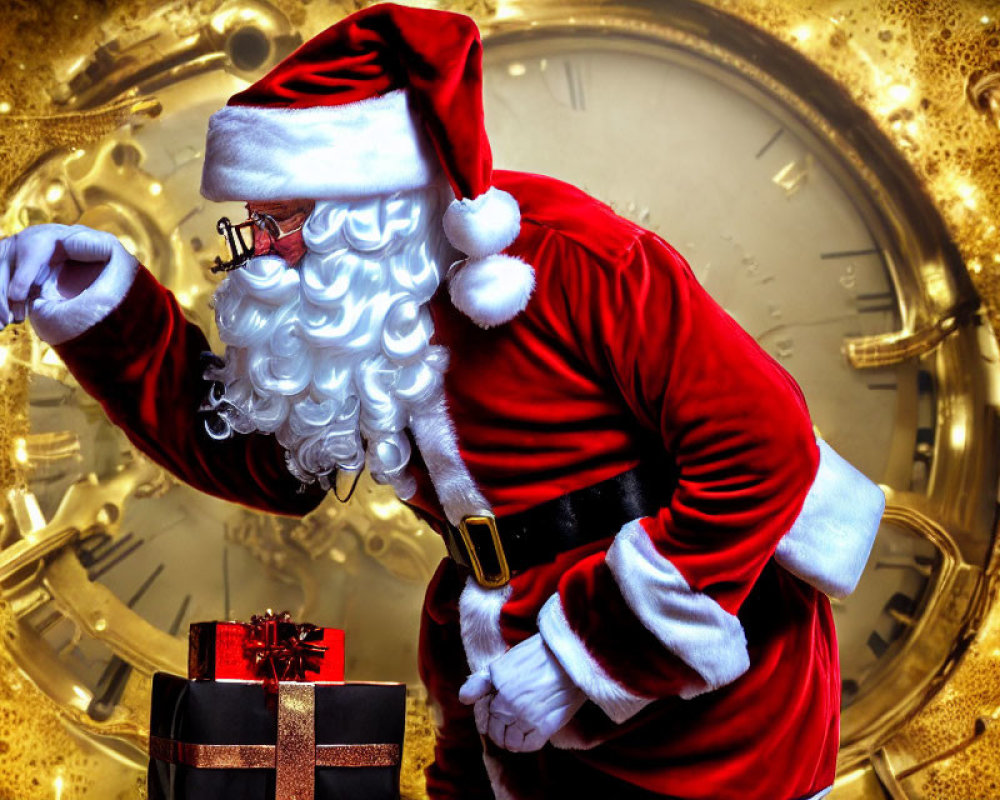 Santa Claus placing a gift near a large clock for Christmas scene.