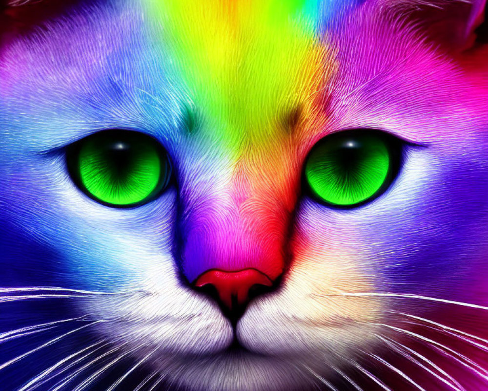 Colorful Close-Up Image of Rainbow Cat with Green Eyes