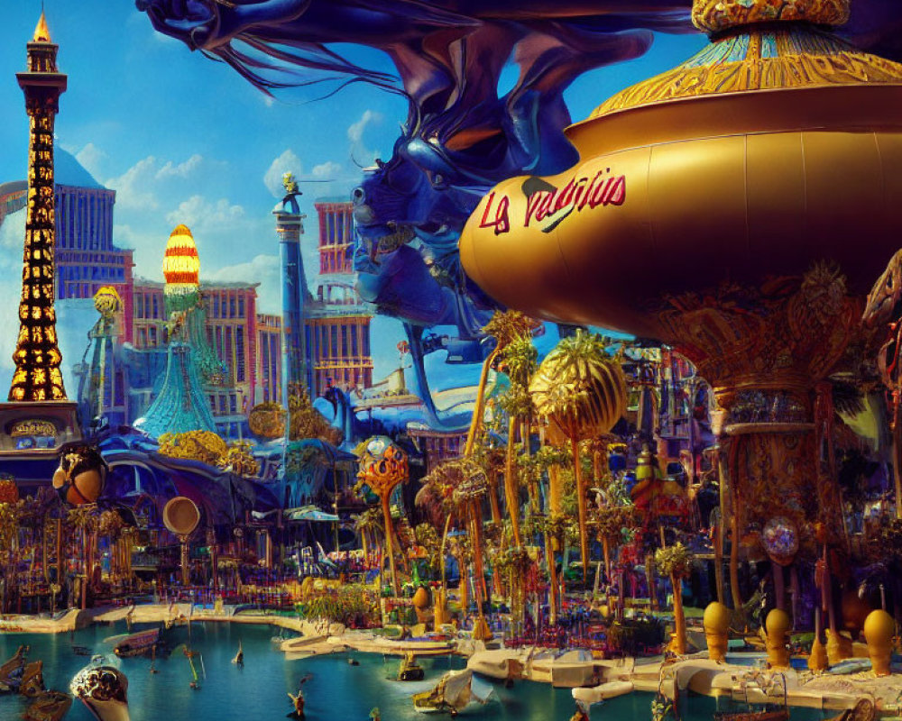 Vibrant surreal Vegas skyline with golden structures and whimsical sculptures