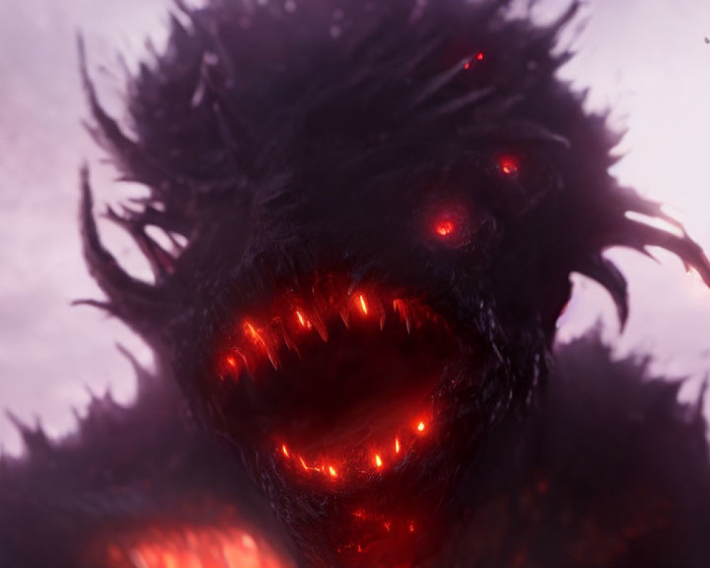 Monstrous creature with glowing red eyes and sharp teeth under purple sky