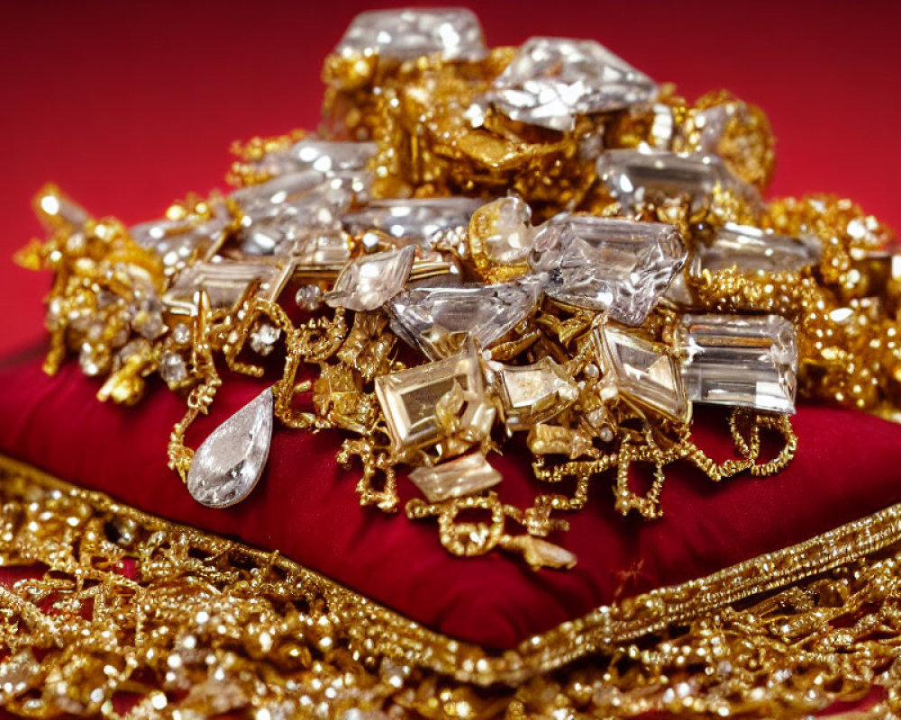 Assorted Gold Jewelry Pieces and Gemstones on Red Velvet Surface