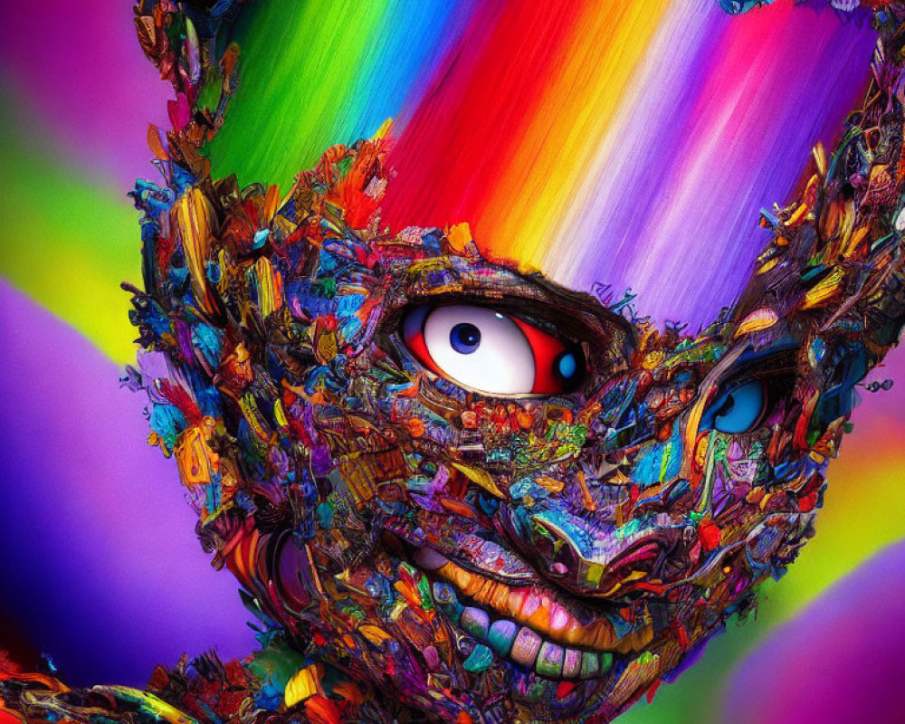 Colorful digital artwork: Face with rainbow hair and mechanical details