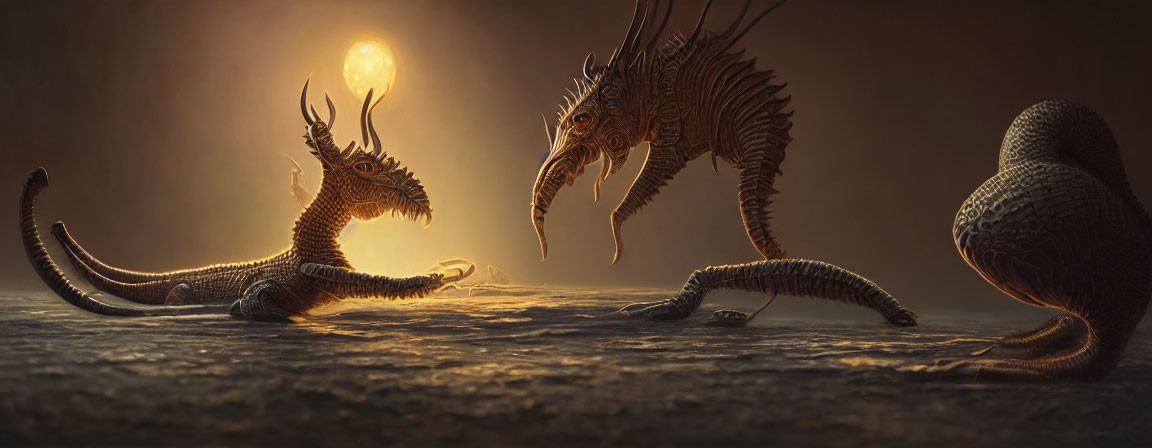 Intricately designed dragons under mystical glowing orb in dusky atmosphere