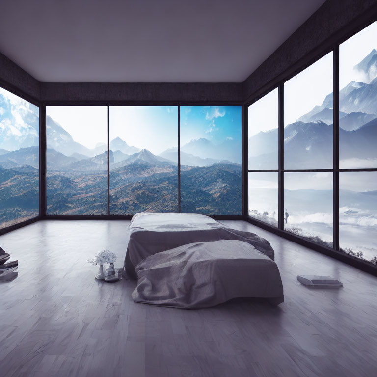 Spacious modern bedroom with panoramic mountain view and grey bedding