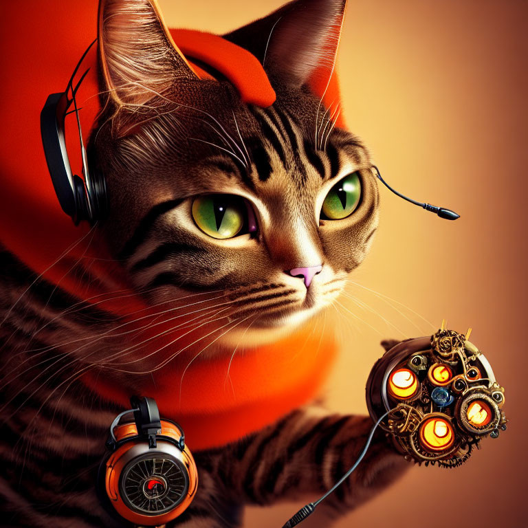 Tabby Cat with Green Eyes Wearing Headphones and Microphone Holding Steampunk Gadget