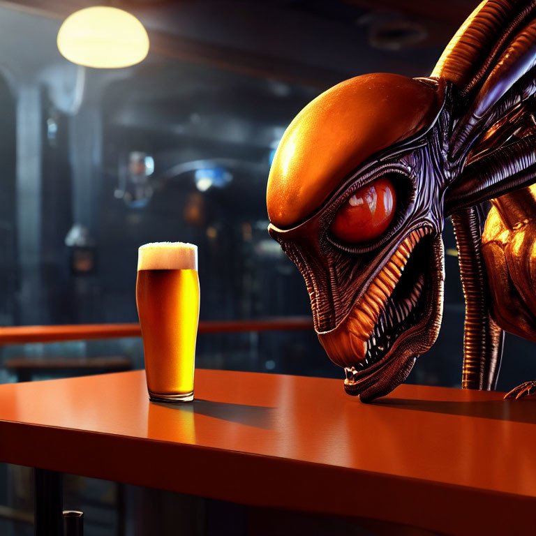 Alien creature with beer on bar counter under warm lighting