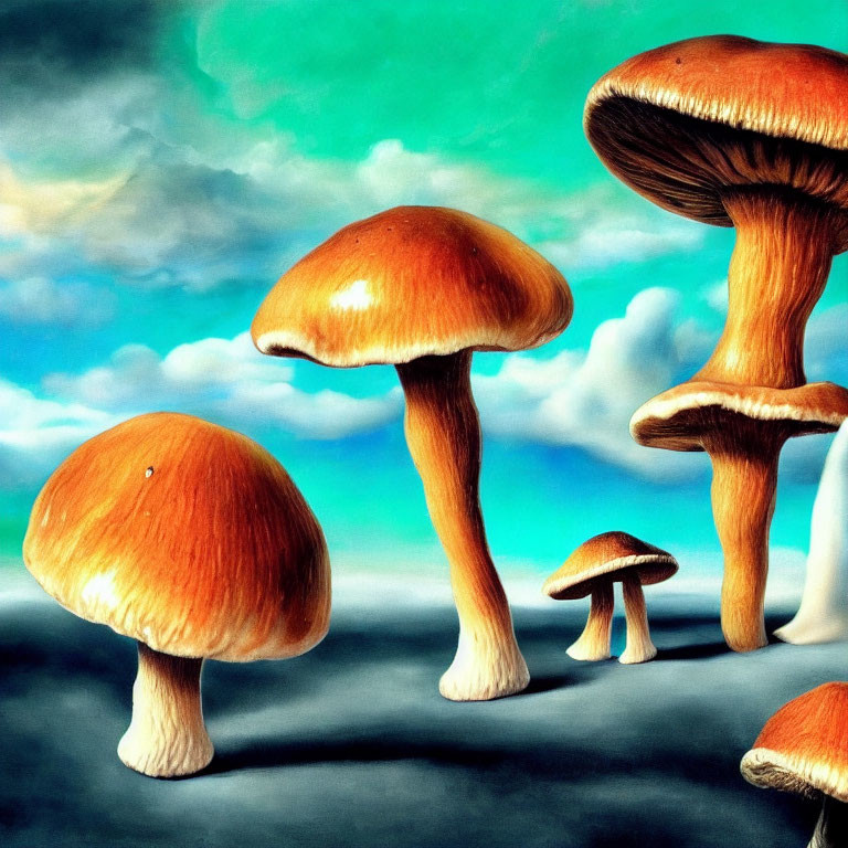 Surreal painting featuring oversized mushrooms under a dramatic sky