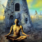 Person meditating with gas mask in desolate landscape with tower and hazmat figures