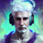 Mature man with white hair and beard in headphones on mystical background