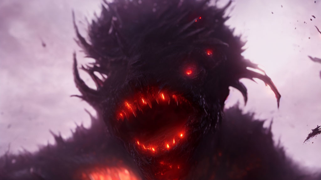 Monstrous creature with glowing red eyes and sharp teeth under purple sky