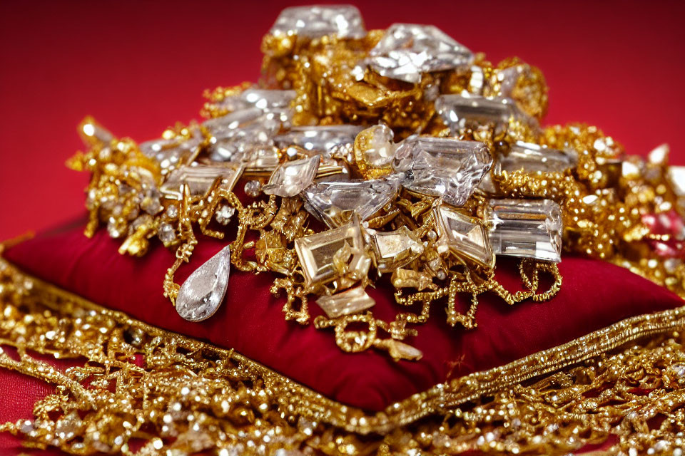 Assorted Gold Jewelry Pieces and Gemstones on Red Velvet Surface