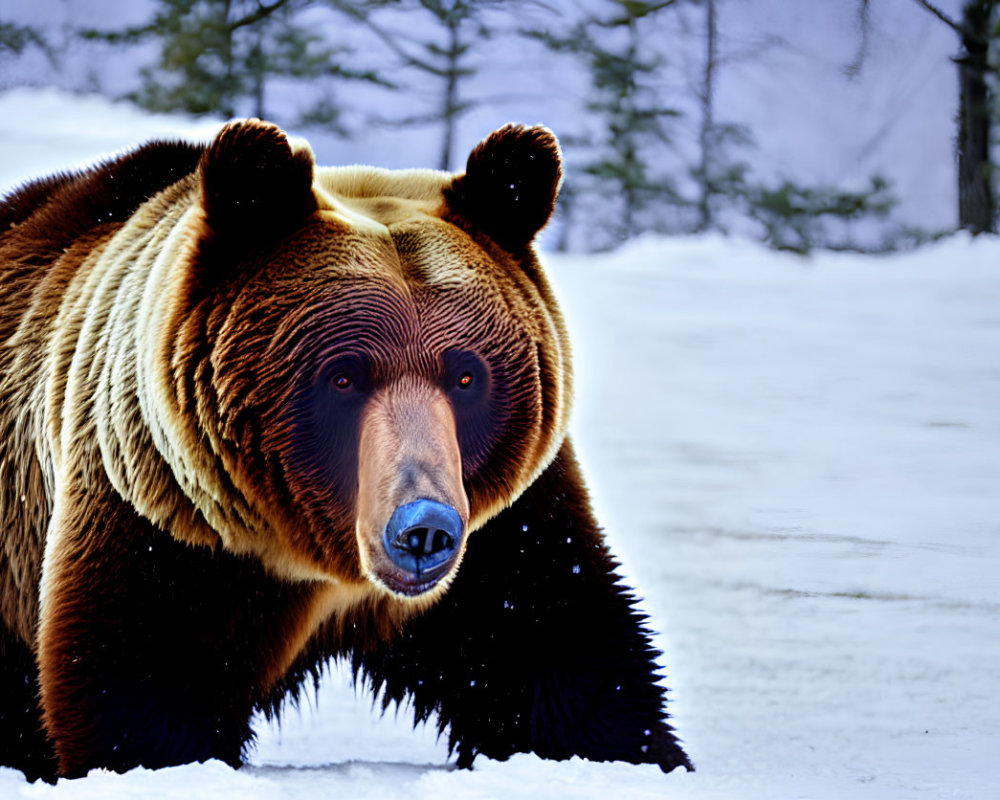 Brown bear close-up against snowy background with sparse trees