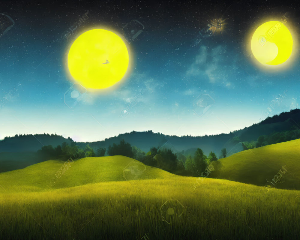 Surreal landscape with two yellow moons, starry sky, green hills, and dark forest.