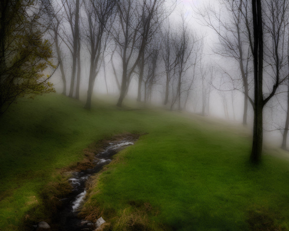 Foggy landscape with stream, bare trees, and green grass