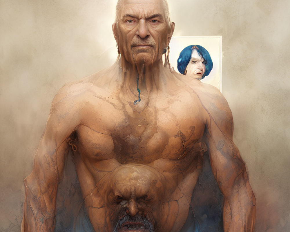 Elderly man with blue paint, stern gaze, and picture of person with blue hair