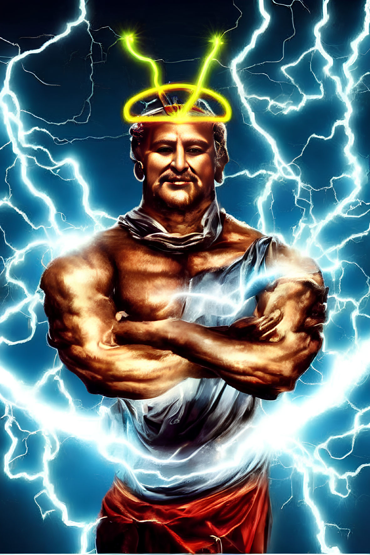 Muscular man with glowing halo in toga against lightning backdrop