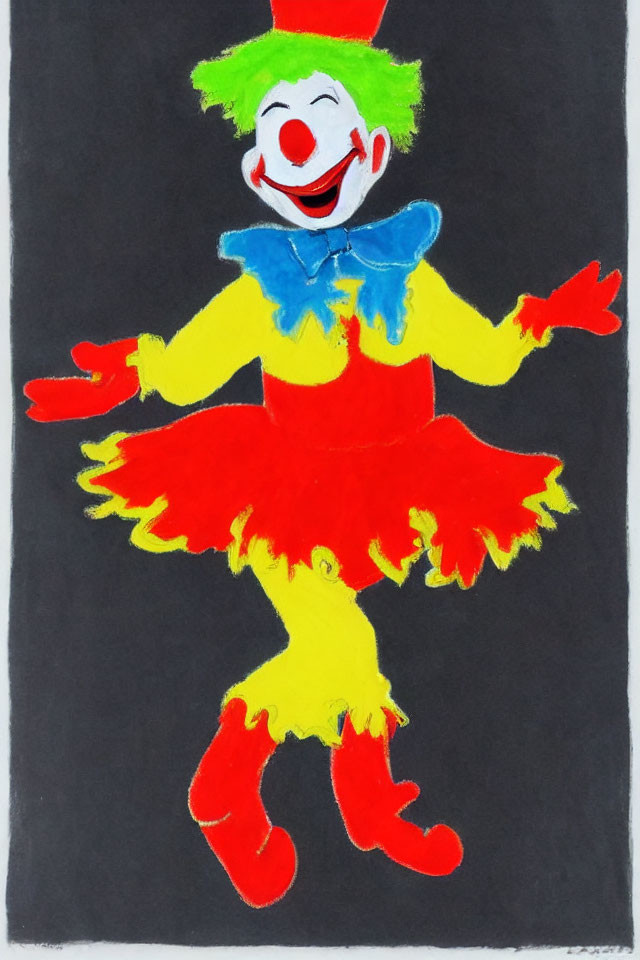 Colorful drawing of happy clown with red nose, green hair, yellow collar, red shoes, vibrant