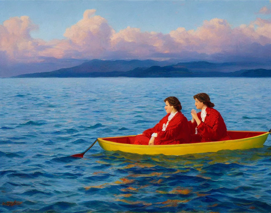 Two Women in Red Dresses Sitting in Yellow Boat on Calm Blue Sea