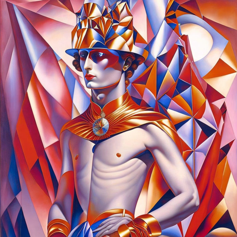 Vibrant Cubist Figure Painting with Geometric Patterns