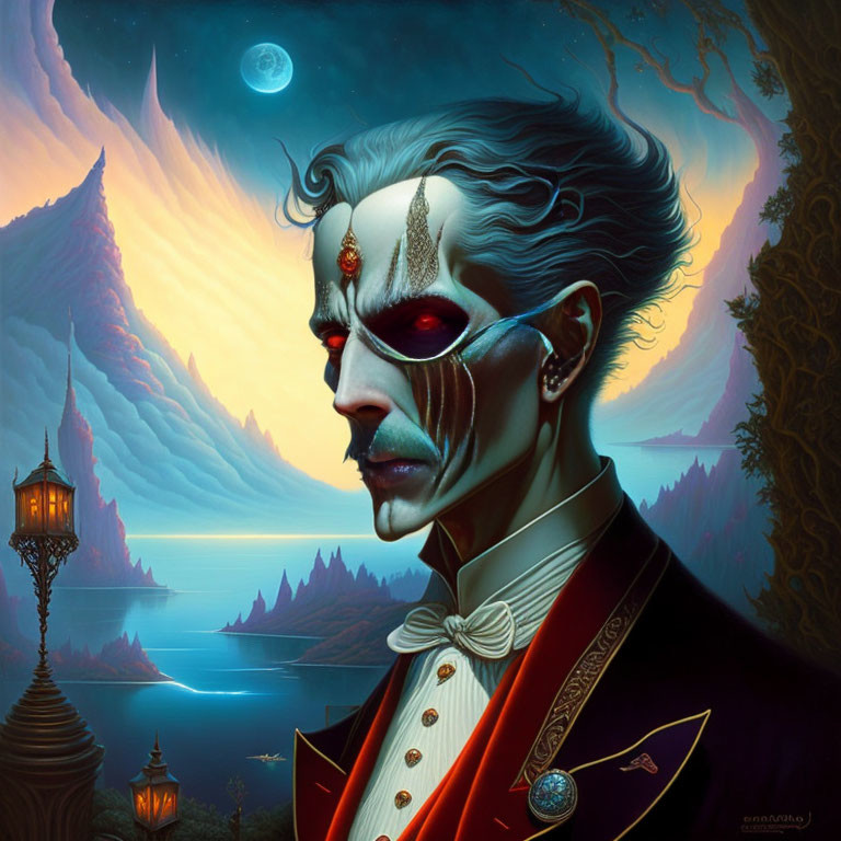 Stylized man with facial markings in red eye mask, against fantasy landscape