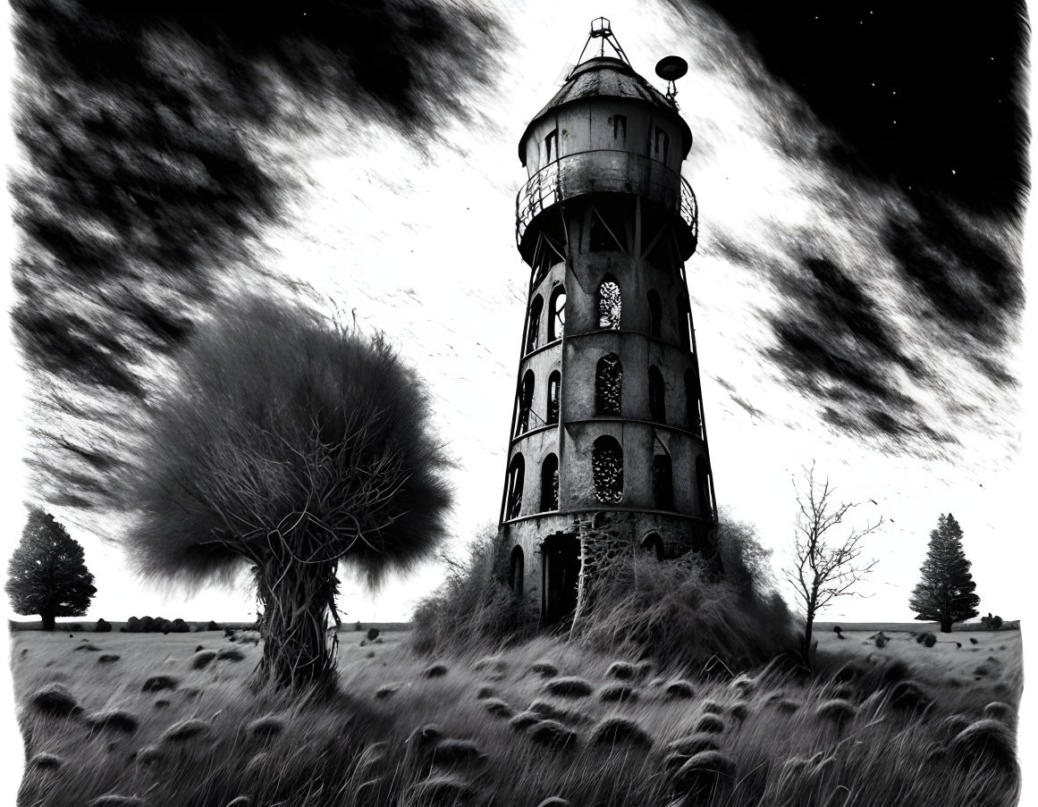 Abandoned lighthouse in windswept field with barren tree under dramatic sky