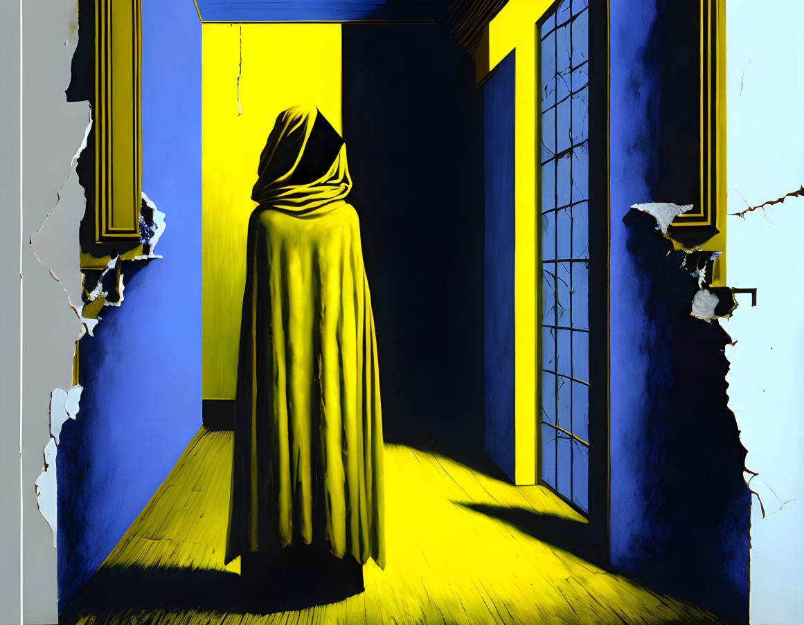 Cloaked figure in vibrant yellow and blue corridor with peeling walls