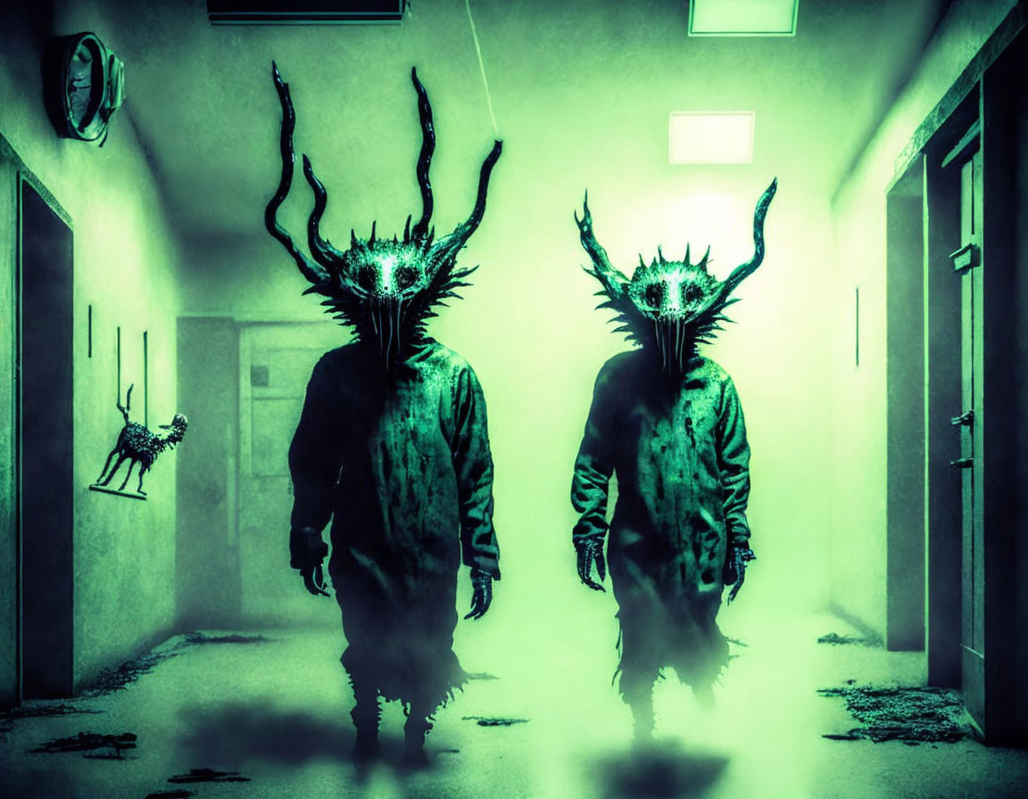 Monstrous figures with antler-like protrusions in eerie hallway