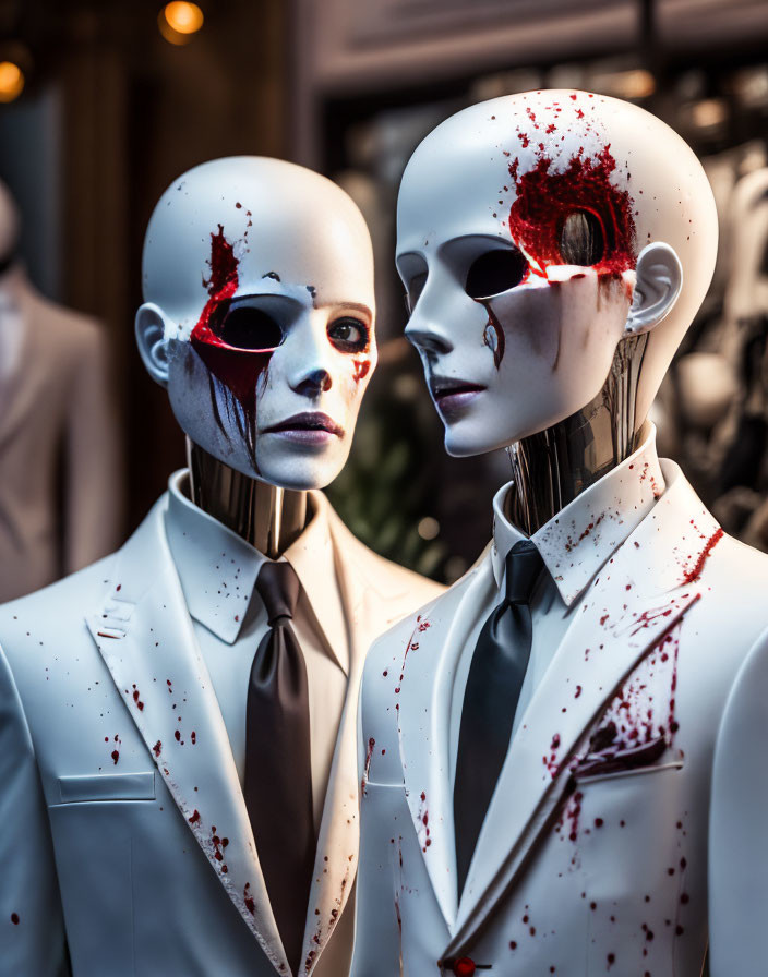 Mannequins in White Suits with Red Paint Splatter Display