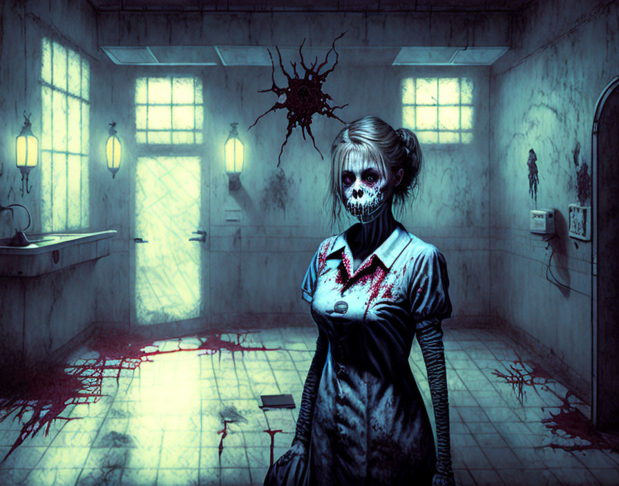 Girl with skull-like face in bloodstained room with chilling backdrop