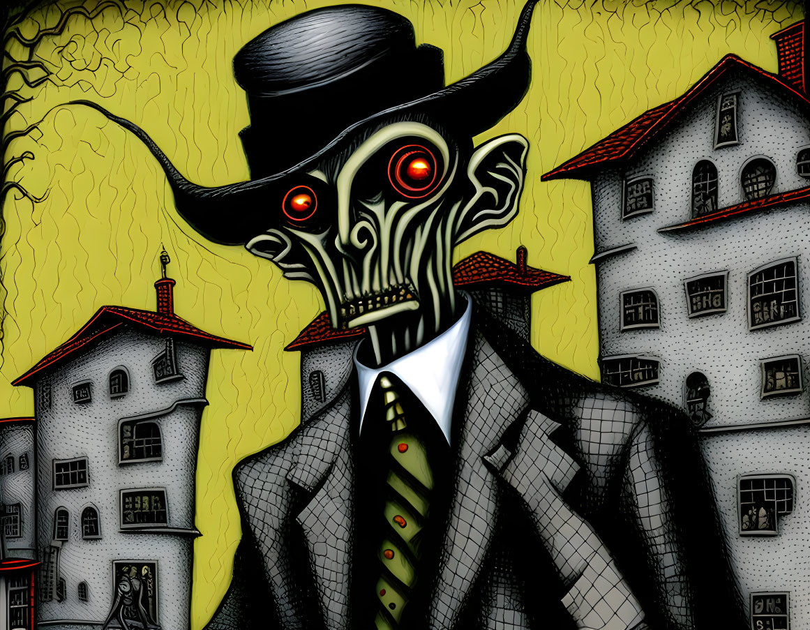 Stylized skeletal figure in suit and top hat with red glowing eyes and crooked houses backdrop