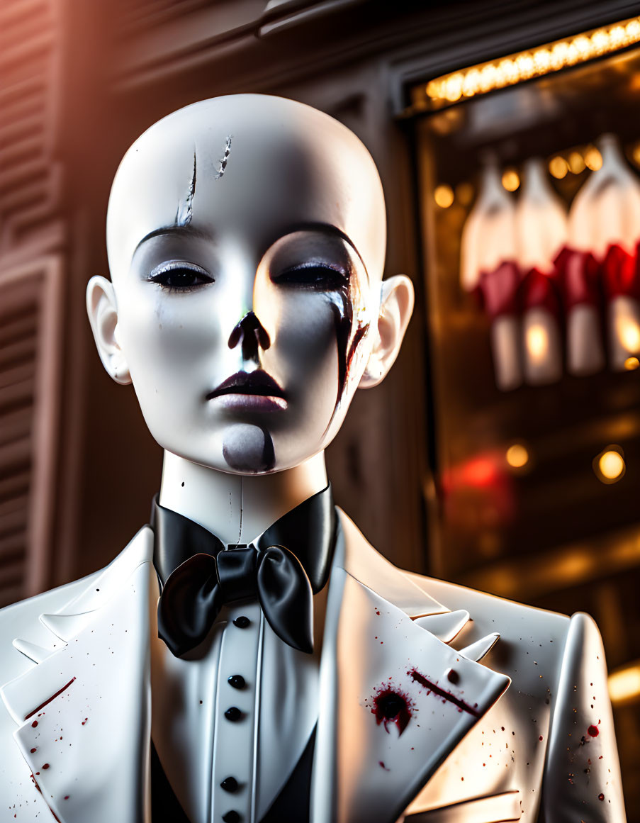 Mannequin in White Tuxedo with Red Speckles and Black Bow Tie