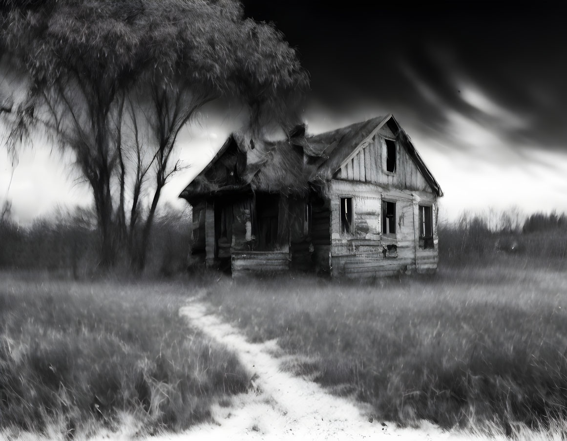 Abandoned wooden house in black and white with dramatic cloudy skies