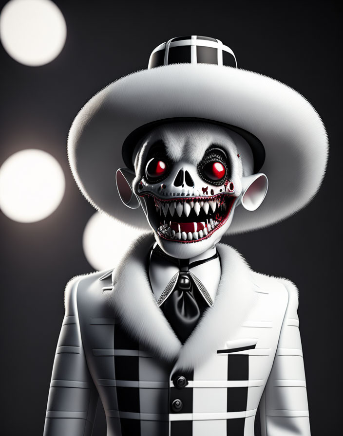 Skeleton in Checkered Suit with Hat and Red Glasses: Glowing Eyes & Grin