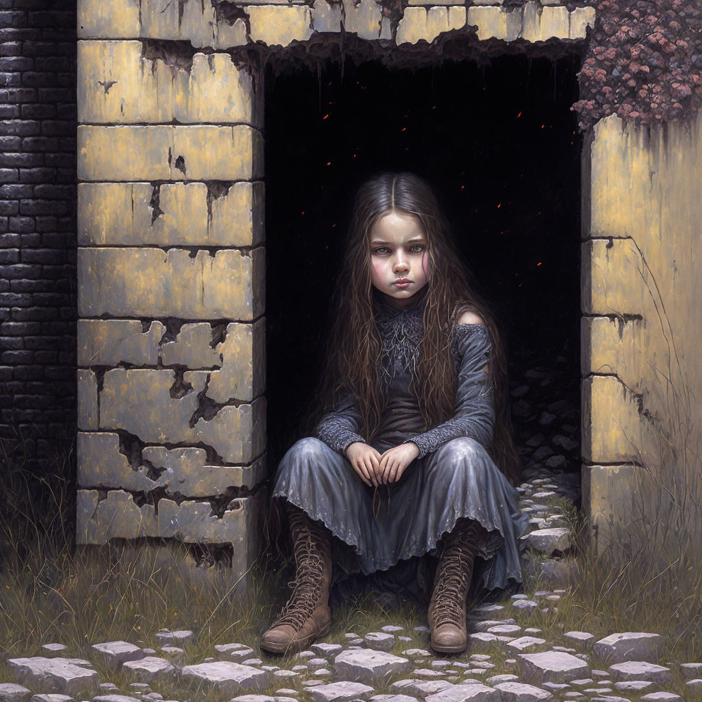 Long-haired girl in melancholic pose at entrance of dilapidated building