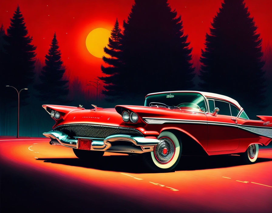 Vintage Red Car Parked Under Glowing Sunset with Silhouetted Trees