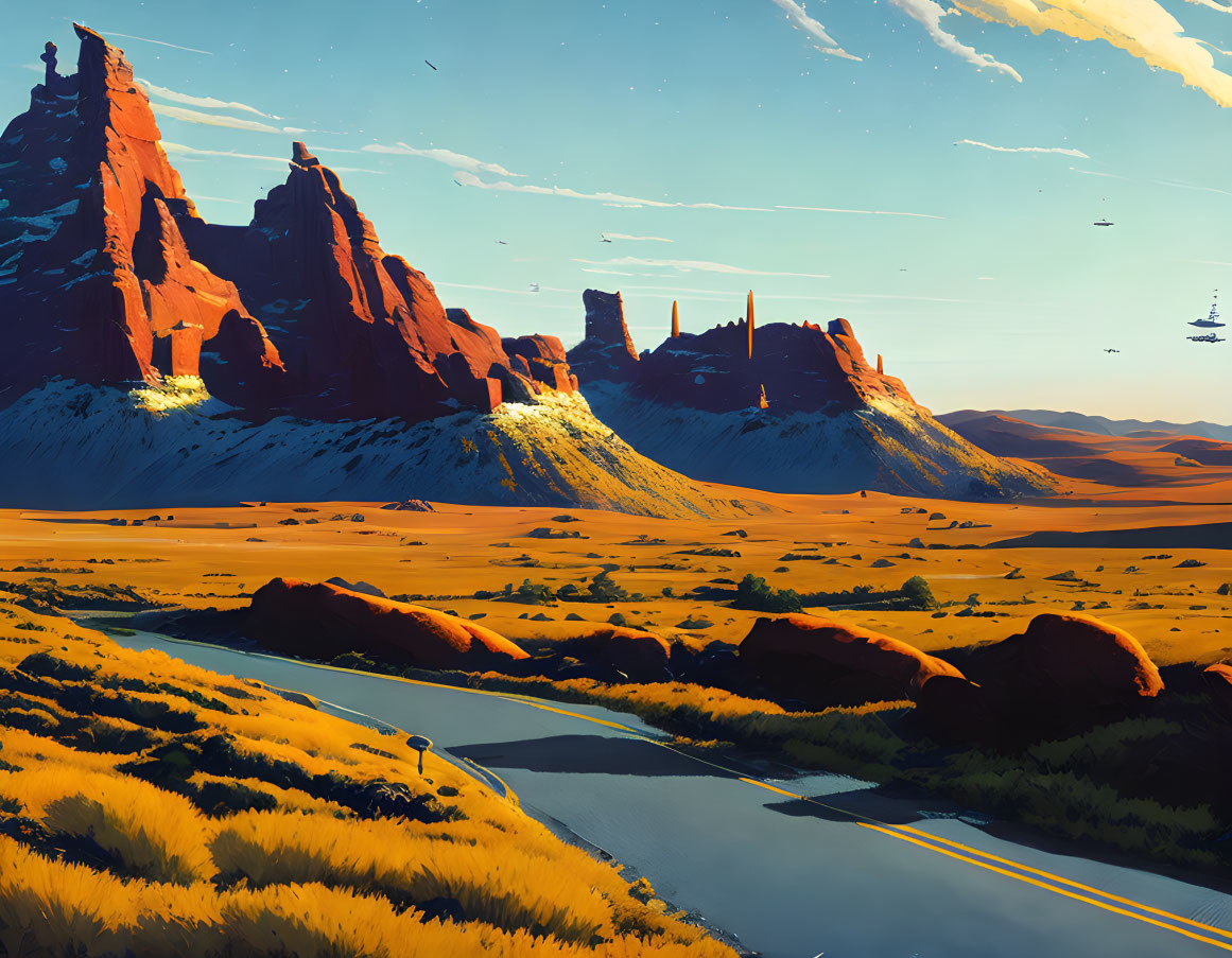 Red Rock Formations, River, and Flying Ships in Futuristic Landscape