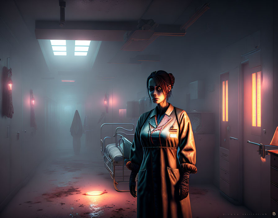 Stylized image: Woman with sunglasses in eerie, red-lit corridor