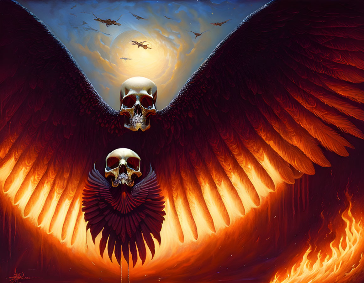 Fantasy image: Two skulls with wings, fiery backdrop, moon, flying creatures