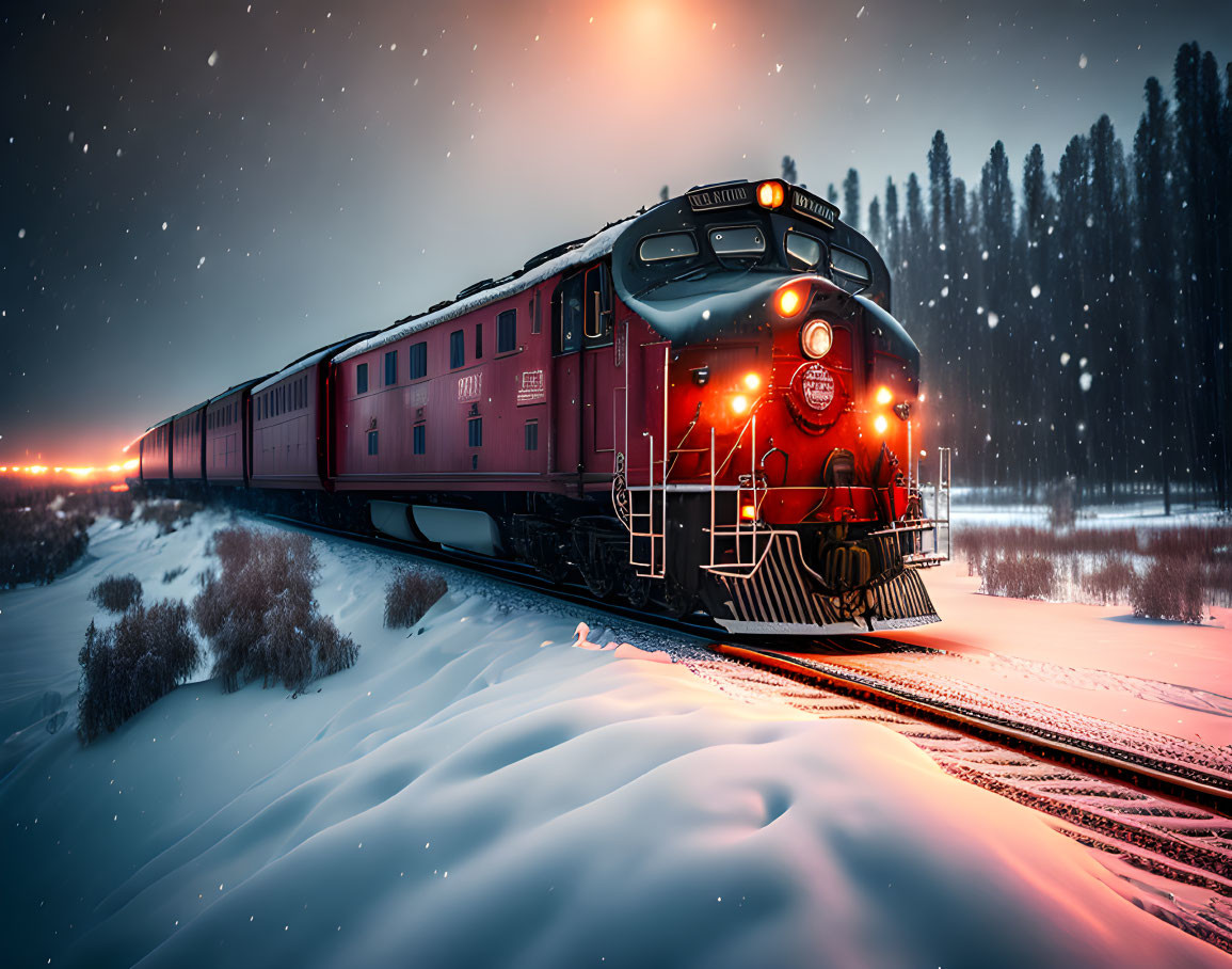 Vintage train in snowy landscape at dusk with glowing lights and falling snowflakes.