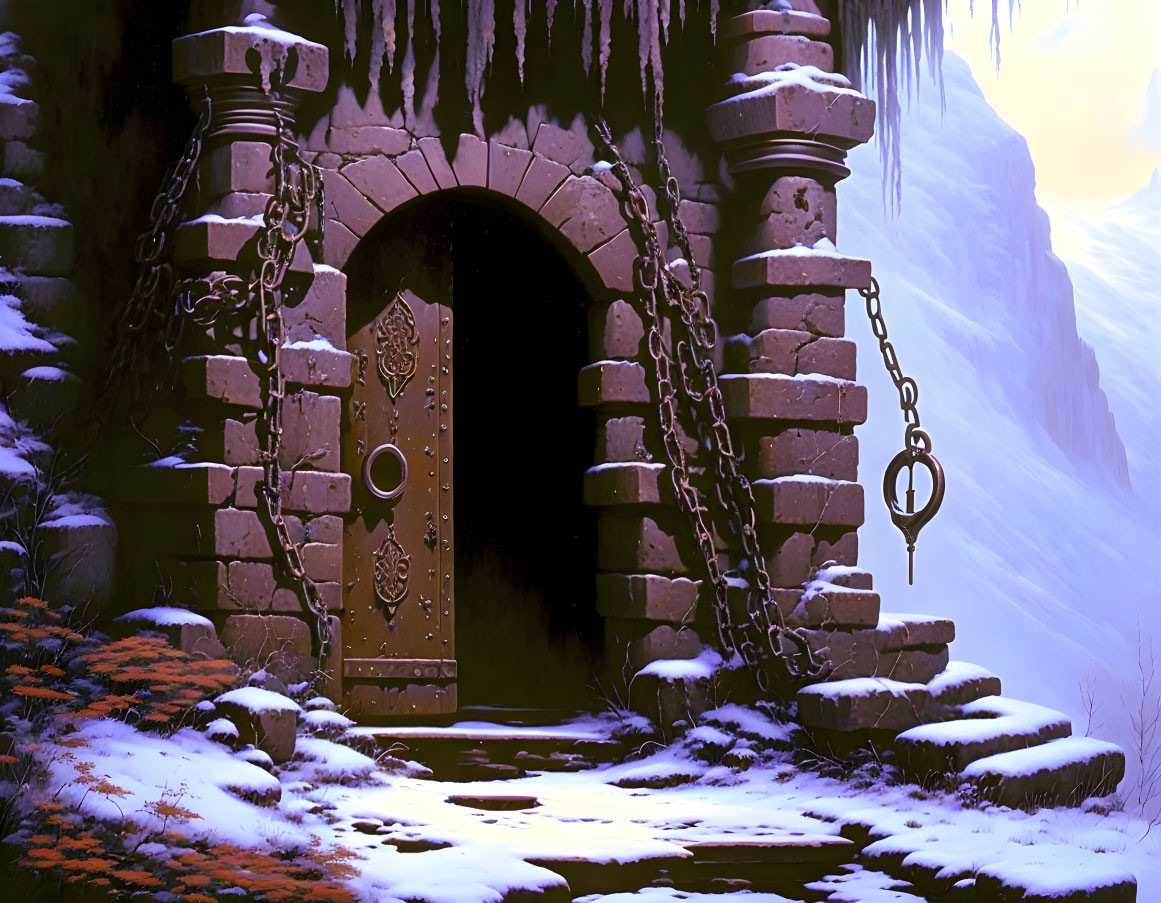 Ornate ancient door with chains in snowy landscape