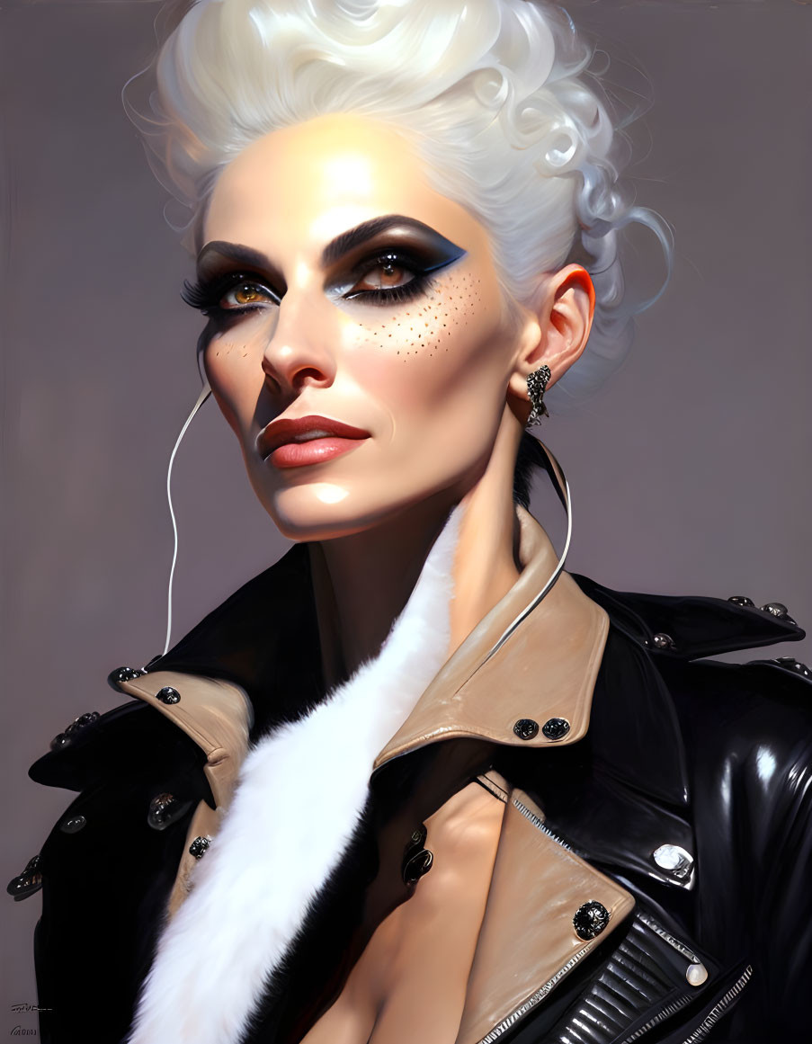 Stylized portrait of woman with white hair, dramatic makeup, freckles, leather jacket &