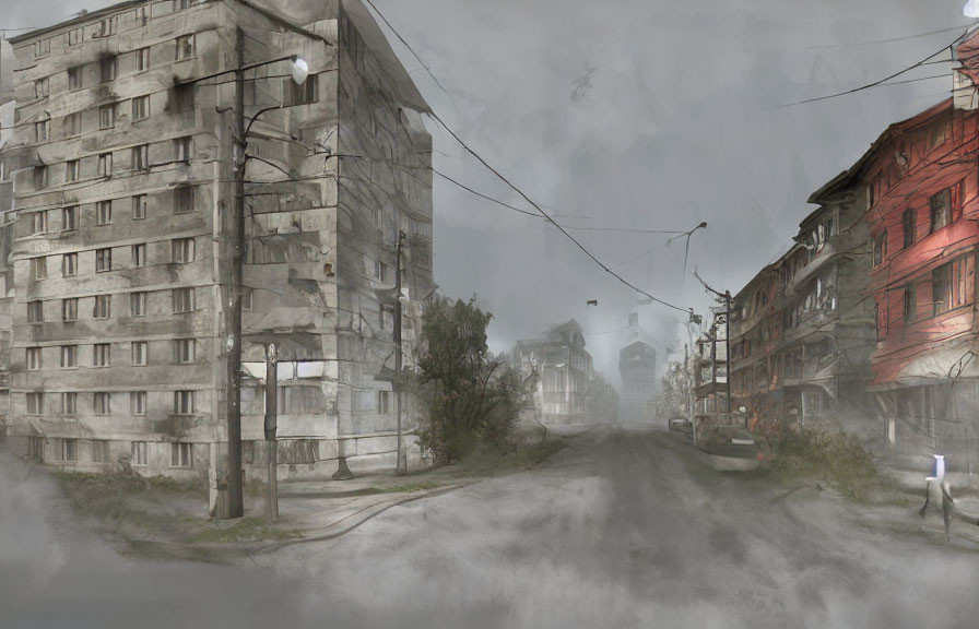 Desolate foggy street with dilapidated buildings & bare trees