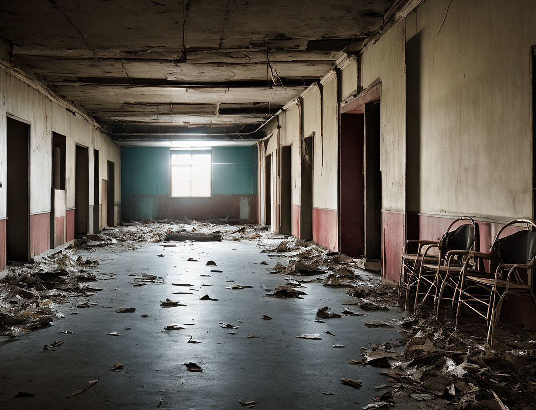 Abandoned interior with debris, worn floor, chairs by window