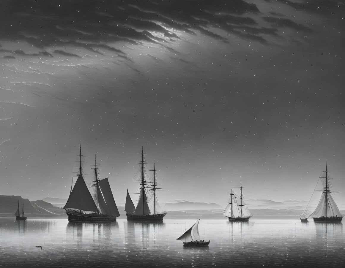 Monochromatic seascape with sailboats on calm waters and hidden moon.