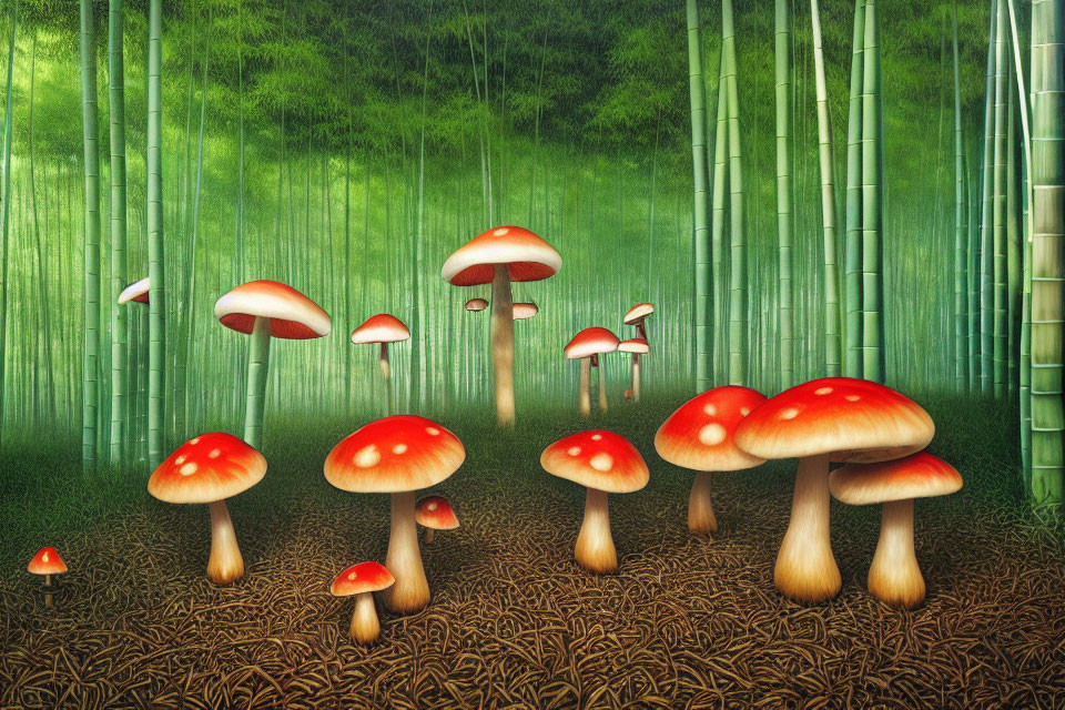 Whimsical illustration of vibrant red-capped mushrooms in bamboo forest