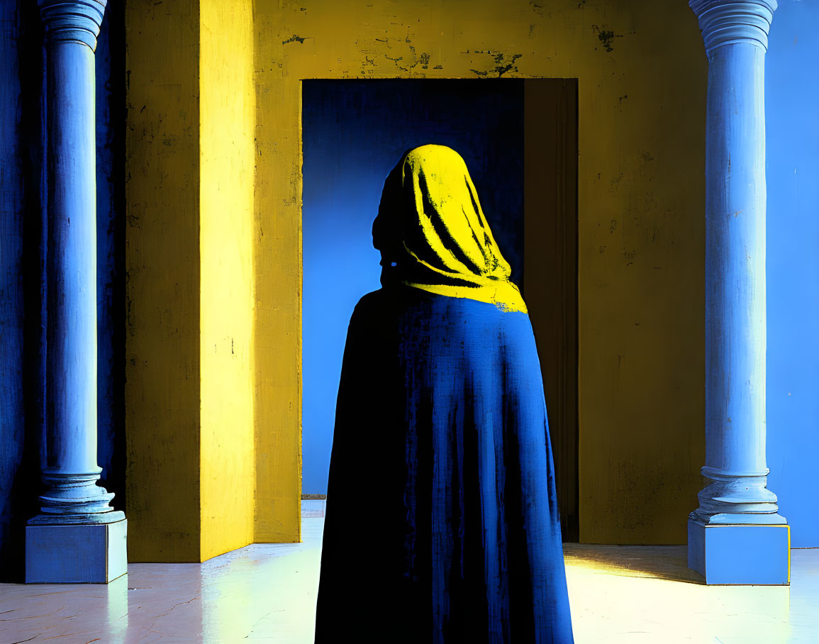 Person in Blue Cloak with Yellow Headscarf Standing in Doorway