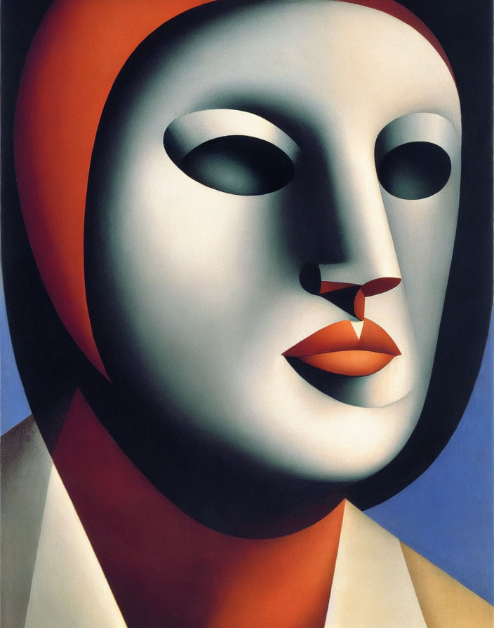 Stylized female face with orange headscarf in cubist painting