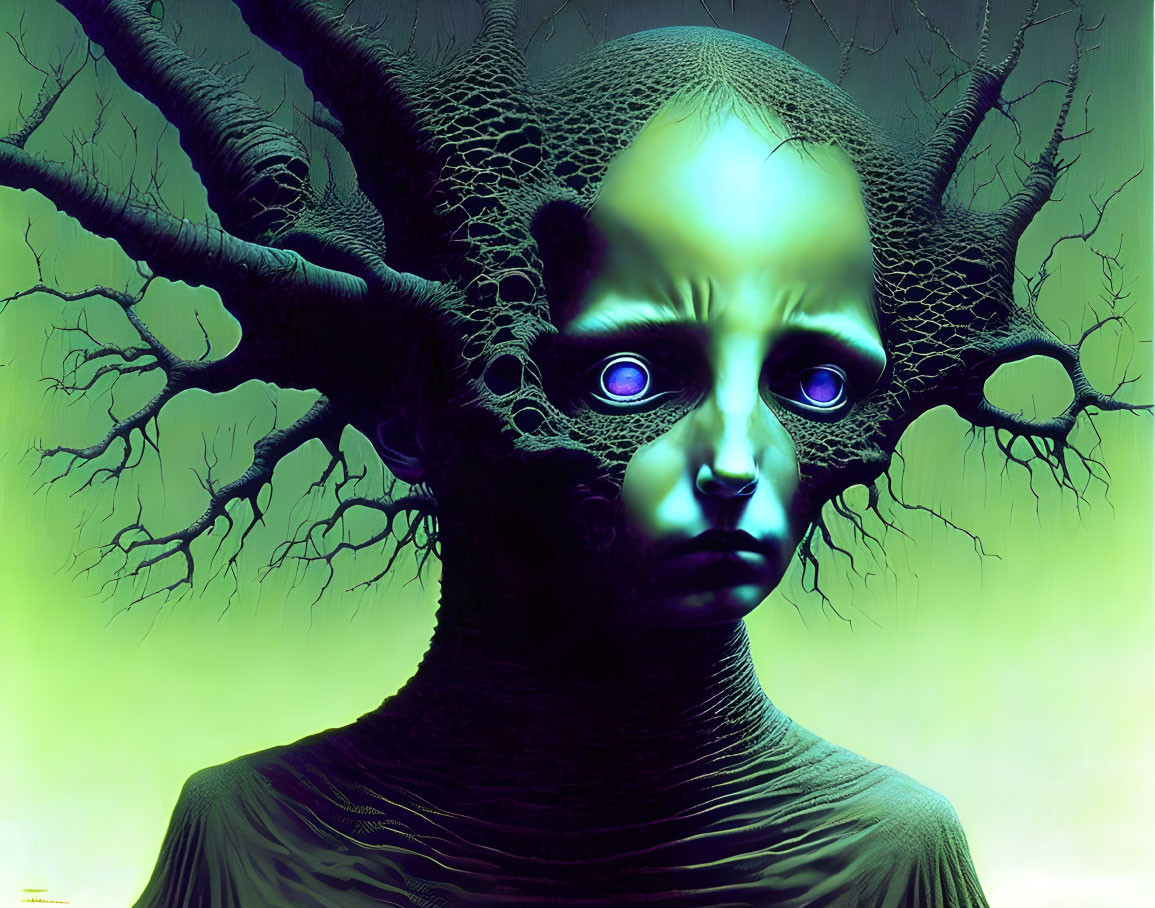 Surreal humanoid figure with branch-like hair and blue eyes on green background