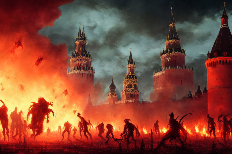 Fantastical fiery apocalypse with demon-like figures and medieval towers.